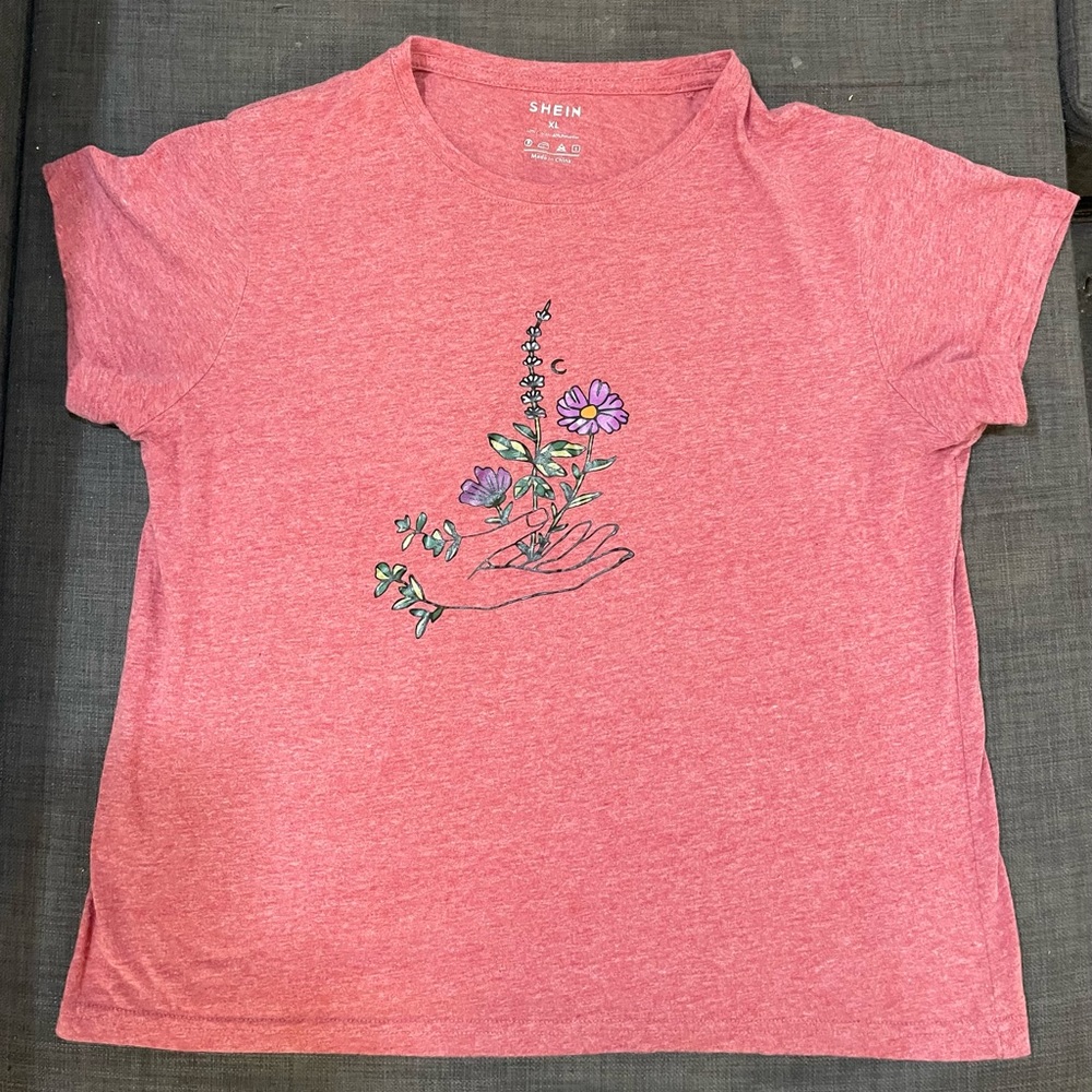 Pink Floral Design Short Sleeve T-Shirt - Size XL